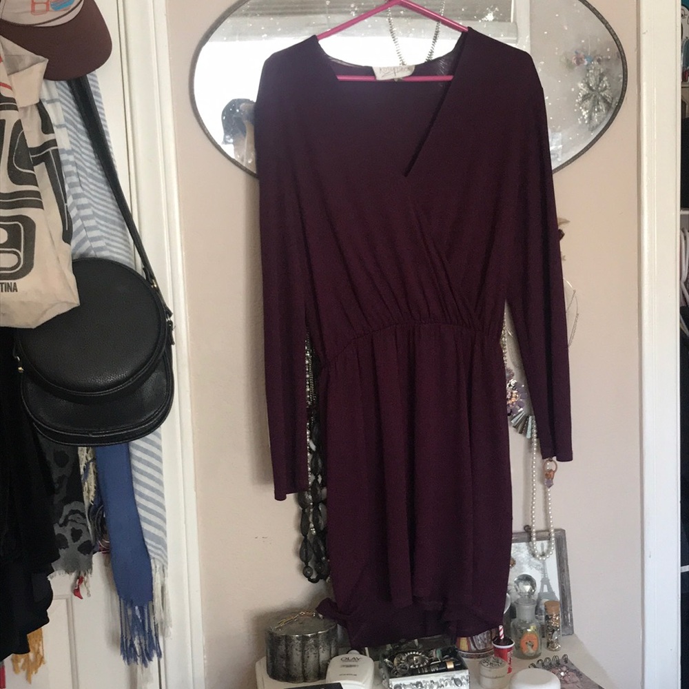 Plum long sleeved v neck silk dress